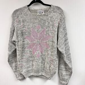 Vitnage Women's hand knit Licorice snowflake sweater gray pink crew neck large